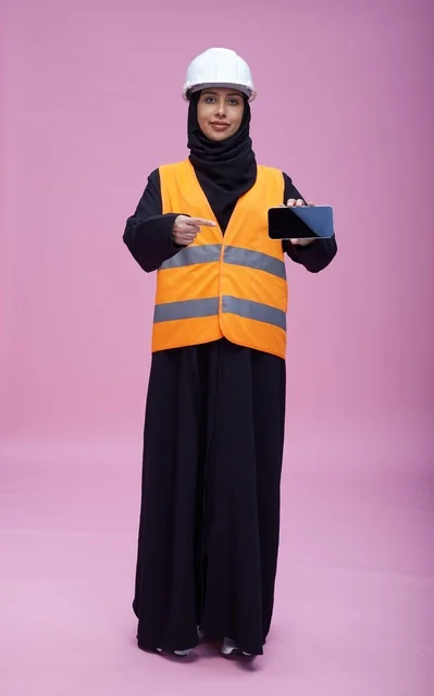مهندسة سعودية تحمل هاتف ذكي بخلفية وردية