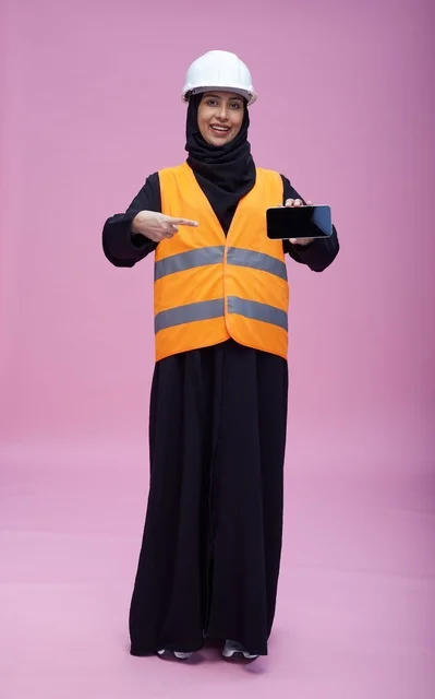مهندسة سعودية تحمل هاتف ذكي بشاشة فارغة