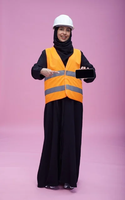 Saudi Female Engineer Holding Smartphone on Pink Background