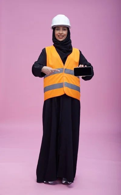Saudi Female Engineer Holding Smartphone Screen