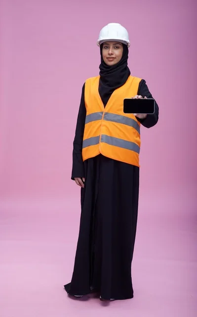 Saudi Female Engineer Holding Smartphone on Pink Background