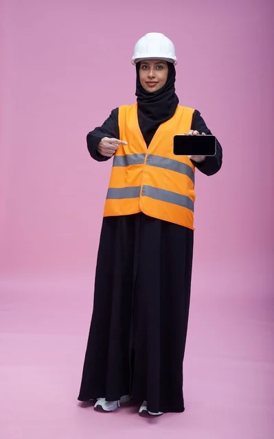 Saudi Female Engineer Holding Smartphone Screen