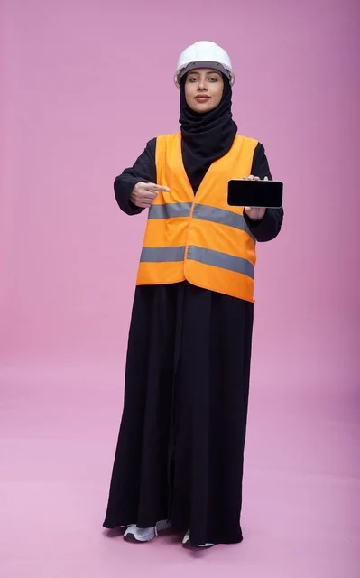Saudi Female Engineer Holding Smartphone Blank Screen