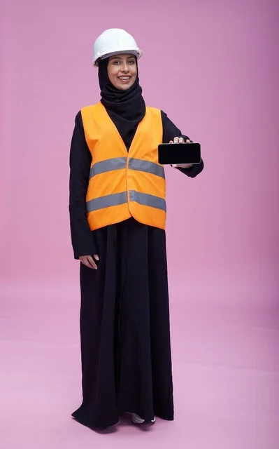 Saudi Female Engineer Holding Blank Smartphone Screen