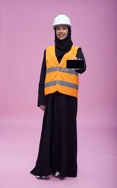 Saudi Female Engineer Holding Smartphone Blank Screen