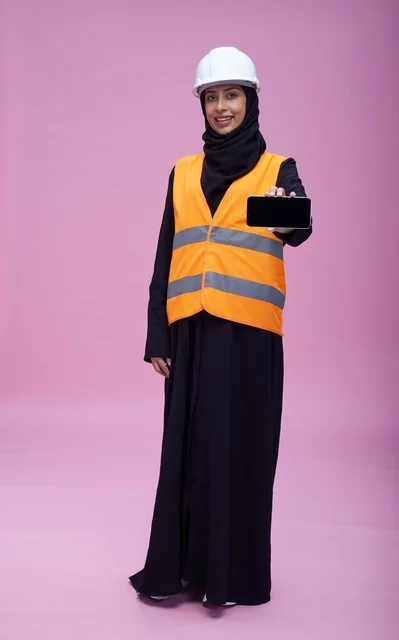 Saudi Female Engineer Holding Smartphone Screen