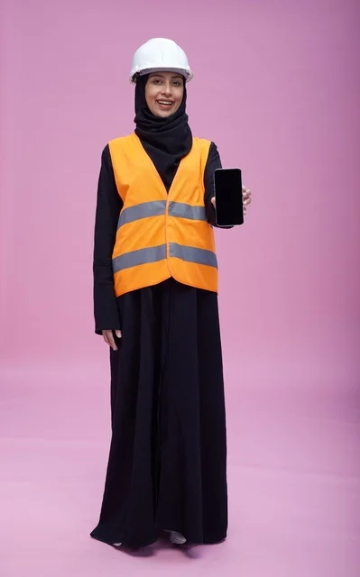 مهندسة سعودية تحمل هاتف ذكي بخلفية وردية