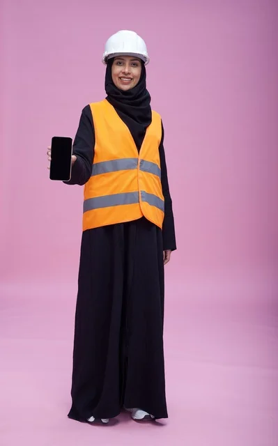 Saudi Female Engineer Holding Blank Smartphone Screen
