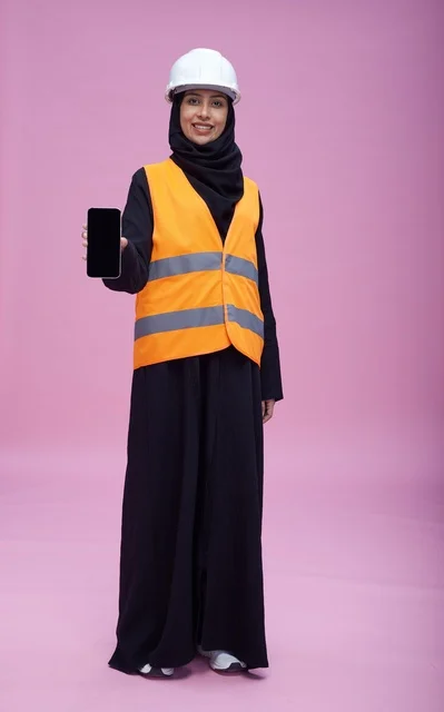 مهندسة سعودية تحمل هاتف ذكي بخلفية وردية