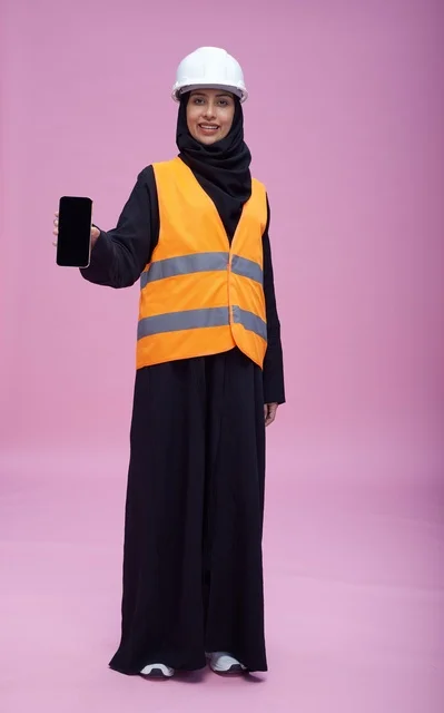 Saudi Female Engineer Holding Smartphone Blank Screen