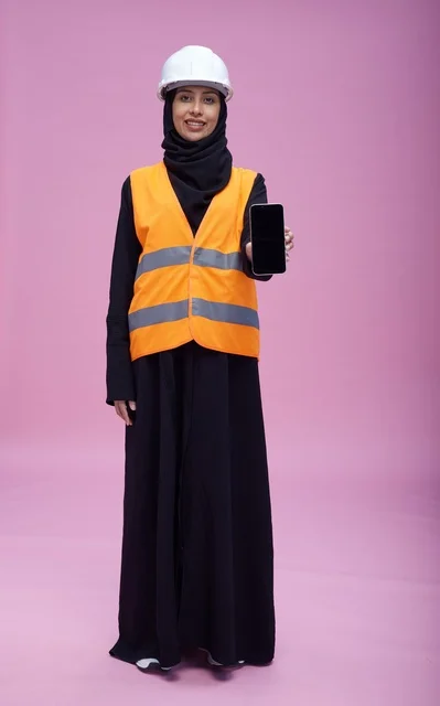 Saudi Female Engineer Holding Smartphone on Pink Background