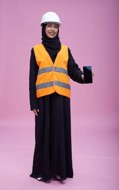 Saudi Female Engineer Holding Smartphone on Pink Background