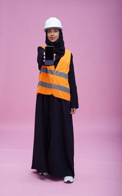 Saudi Female Engineer Holding Smartphone on Pink Background