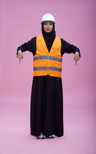مهندسة سعودية بملابس السلامة على خلفية وردية