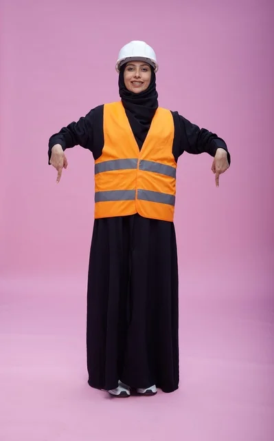 Saudi Female Engineer in Safety Gear on Pink Background