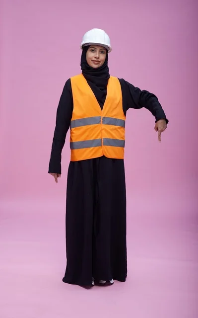 Saudi Female Engineer in Safety Gear Pointing Down