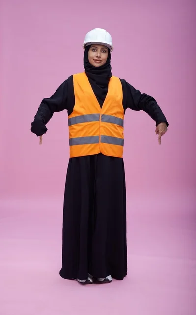 مهندسة سعودية بملابس السلامة تشير للأسفل