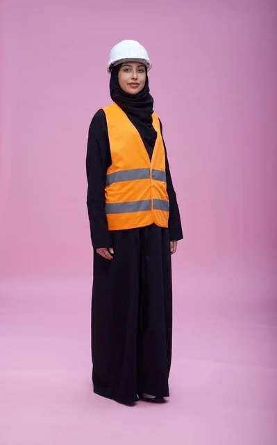 Saudi Female Engineer in Safety Gear on Pink Background