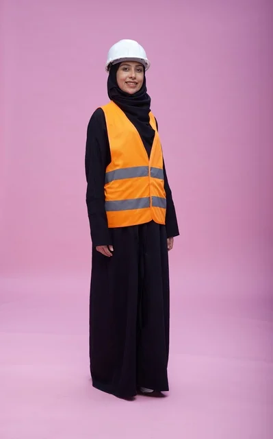 Saudi Female Engineer in Safety Vest on Pink Background