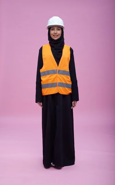 مهندسة سعودية بملابس السلامة والخوذة المهنية
