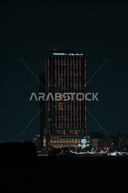 Night image of the towers and skyscrapers in Dubai, the engineering and architectural art in the United Arab Emirates, the tallest towers in the Emirates