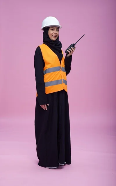 Saudi Female Engineer with Walkie Talkie in Studio
