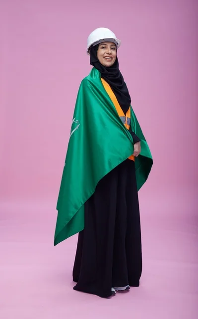 Saudi Female Engineer Wearing National Flag in Studio