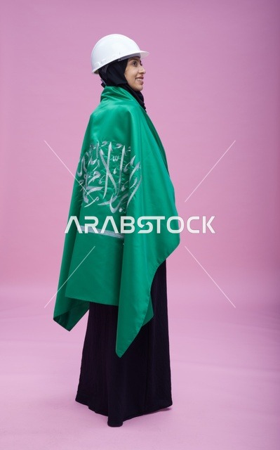 Saudi Female Engineer with National Flag in Hard Hat