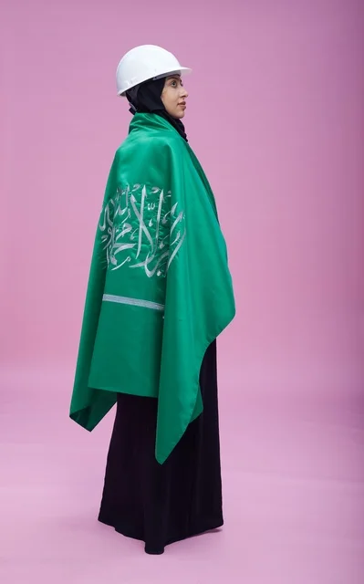 Saudi Female Engineer with National Flag in Studio