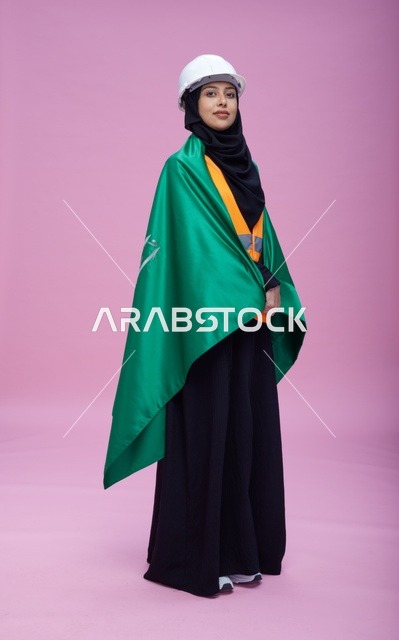 Saudi Female Engineer with National Flag in Studio