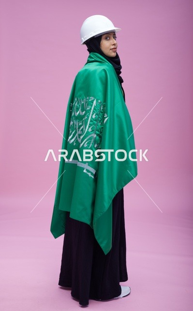 Saudi Female Engineer with Flag on Pink Background