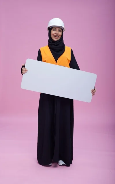 Saudi Female Engineer Holding Blank White Sign