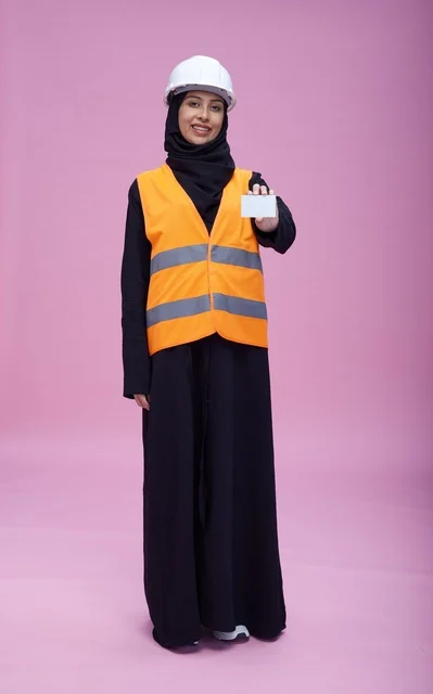مهندسة سعودية تحمل بطاقة عمل بيضاء فارغة في الاستوديو