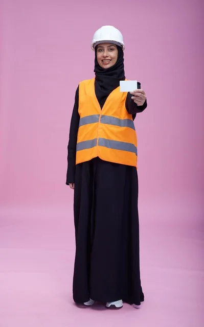 مهندسة سعودية تحمل بطاقة عمل فارغة في الاستوديو