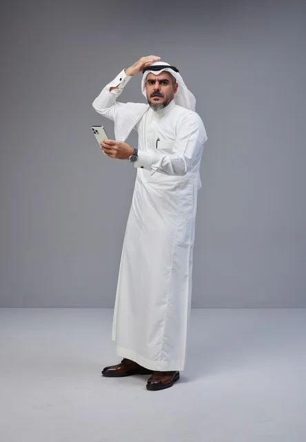 رجل سعودي بالزي التقليدي يستخدم الهاتف الذكي