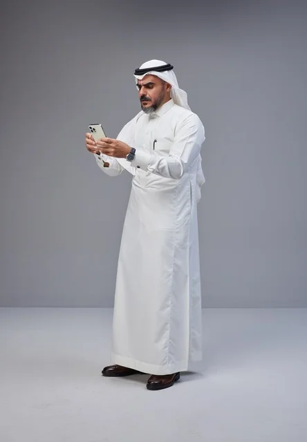 رجل سعودي بالزي التقليدي يستخدم الهاتف الذكي
