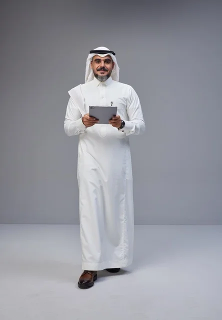 رجل سعودي بالزي التقليدي يستخدم جهازاً لوحياً