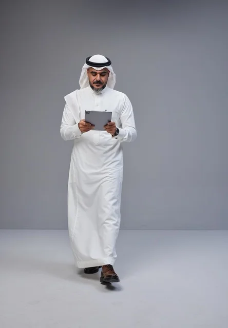 Saudi Man in Traditional Thobe Using Tablet in Studio