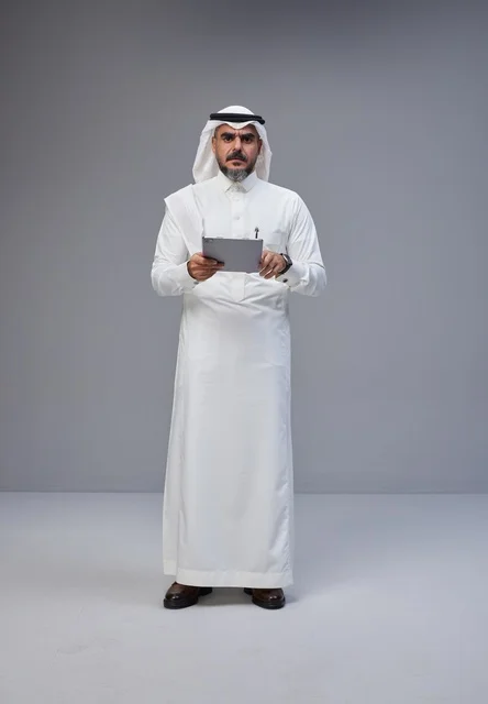 Saudi Man in Traditional Dress Using Tablet in Studio