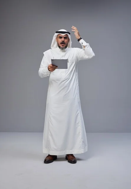 رجل سعودي بالزي التقليدي يستخدم جهازاً لوحياً بانزعاج