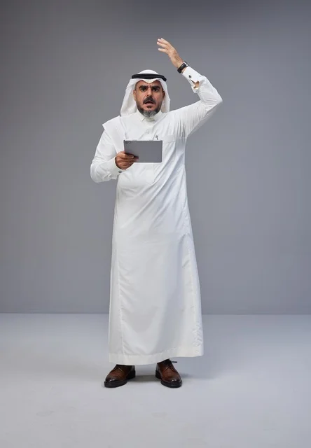 رجل سعودي بزي تقليدي يحمل جهاز لوحي بتعبير متفاجئ