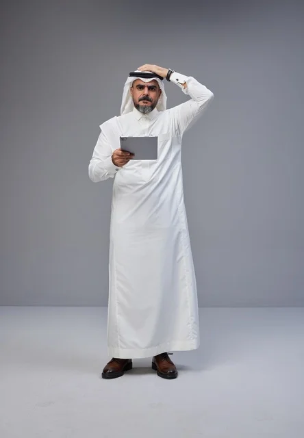 رجل سعودي بالزي التقليدي يستخدم جهازاً لوحياً بتركيز