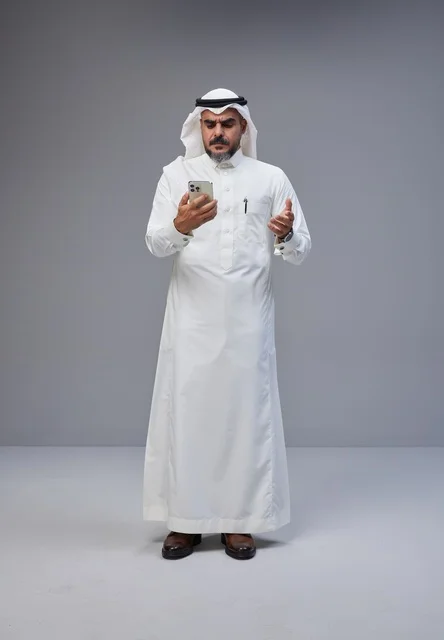 رجل سعودي بالزي التقليدي يستخدم الهاتف الذكي