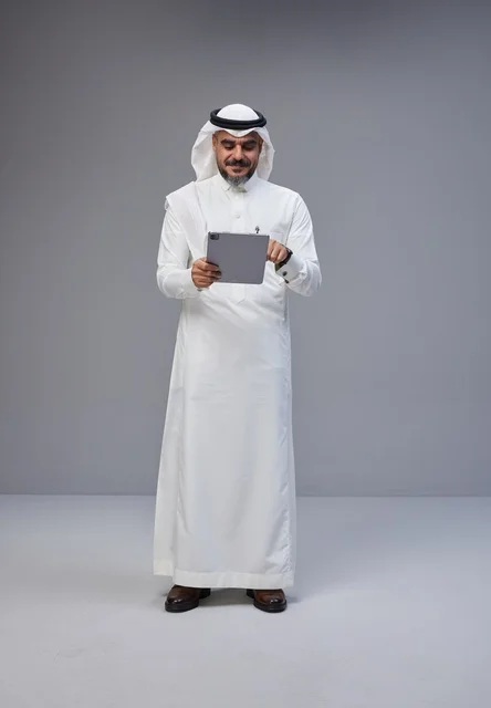 Saudi Man in Traditional Thobe Using Tablet in Studio