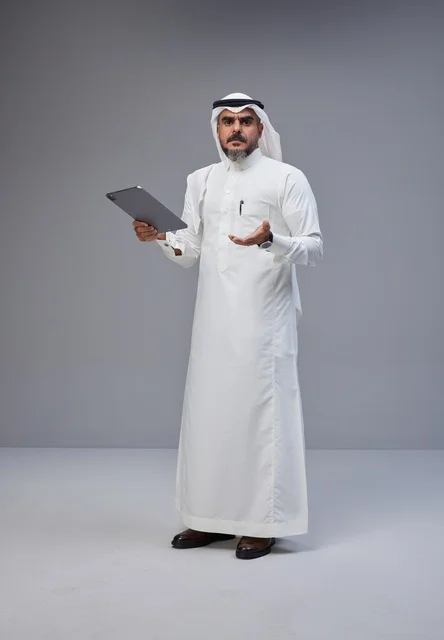 رجل سعودي بالزي التقليدي يستخدم جهاز لوحي في الاستوديو