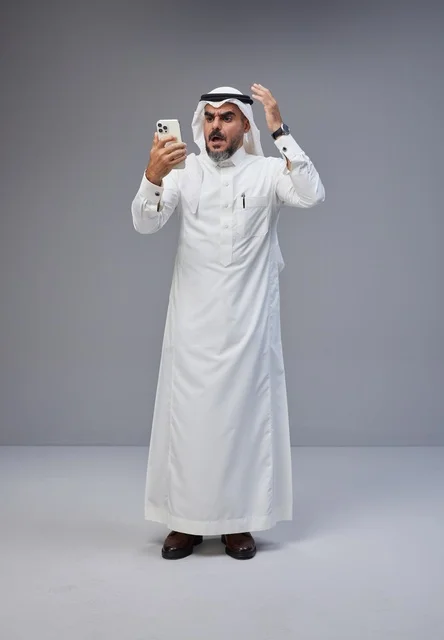 Saudi Man in Traditional Dress Reacting to Smartphone