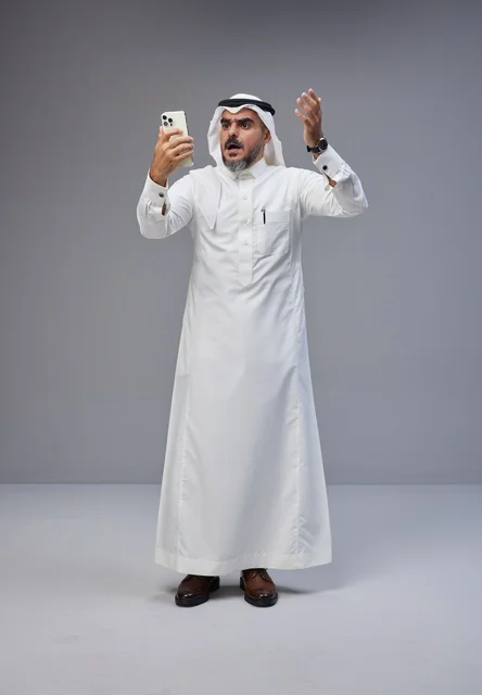 Angry Saudi Man in Traditional Thobe Using Smartphone
