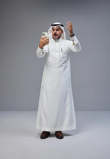 Shocked Saudi Man Using Smartphone in Studio