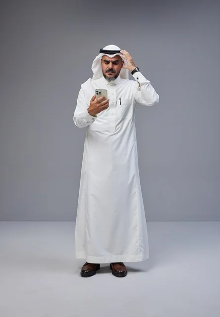 Saudi Man in Traditional Thobe Using Smartphone