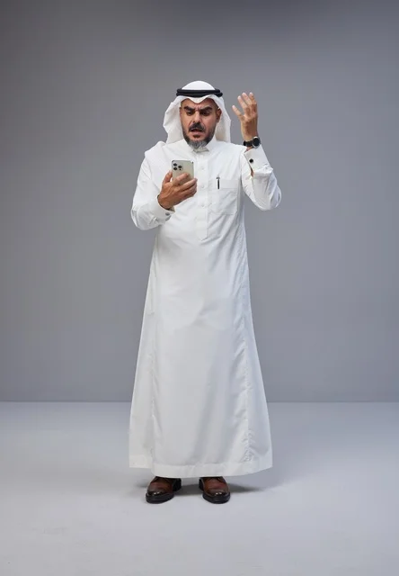 Saudi Man in Traditional Thobe Angry at Smartphone